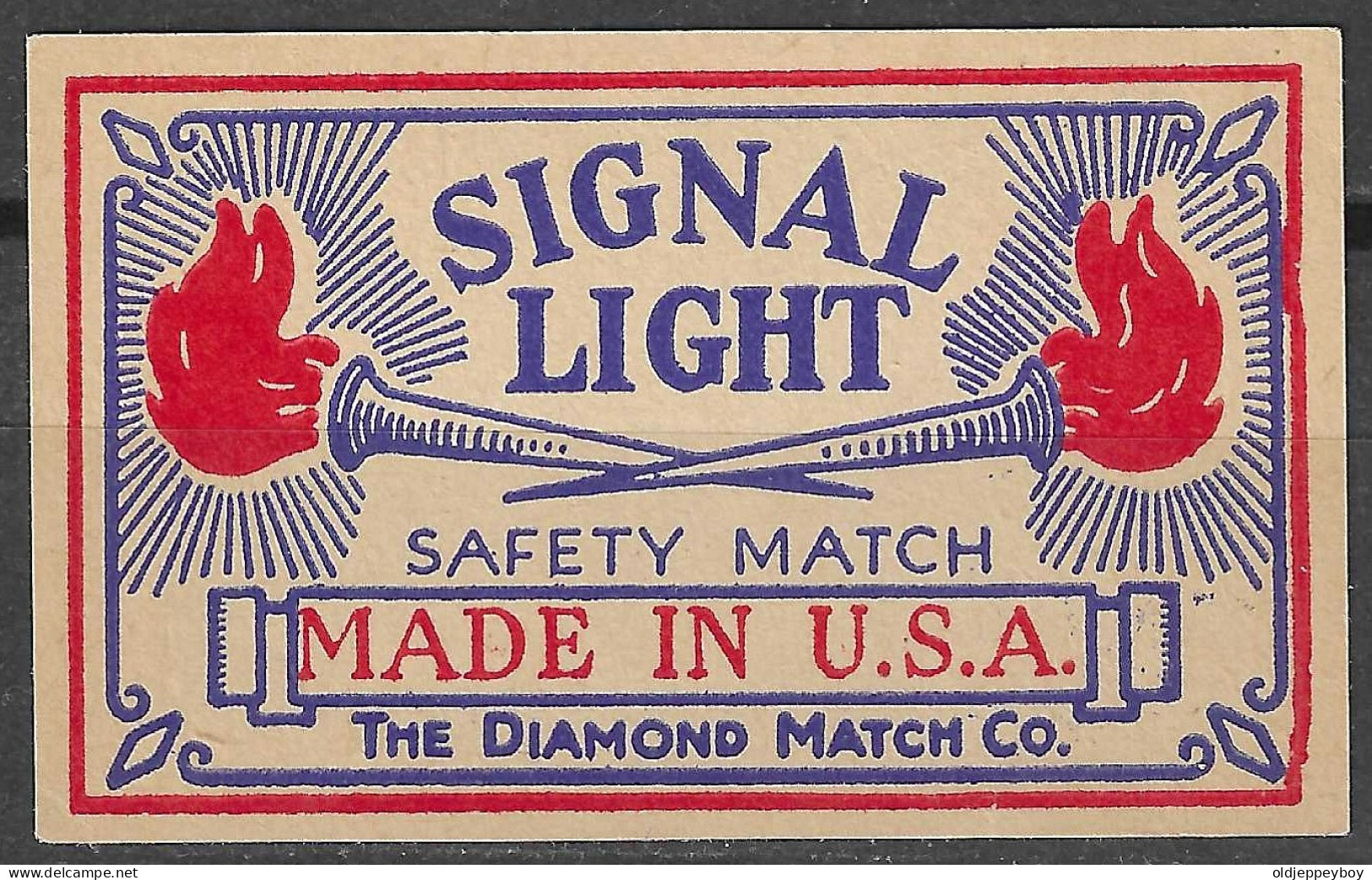  MADE IN U.S.A  Phillumeny MATCHBOX LABEL BULL DOG  SIGNAL LIGHT SAFETY MATCH DIAMOND MATCH CO. TORCHES  3.5 X 5 CM - Matchbox Labels