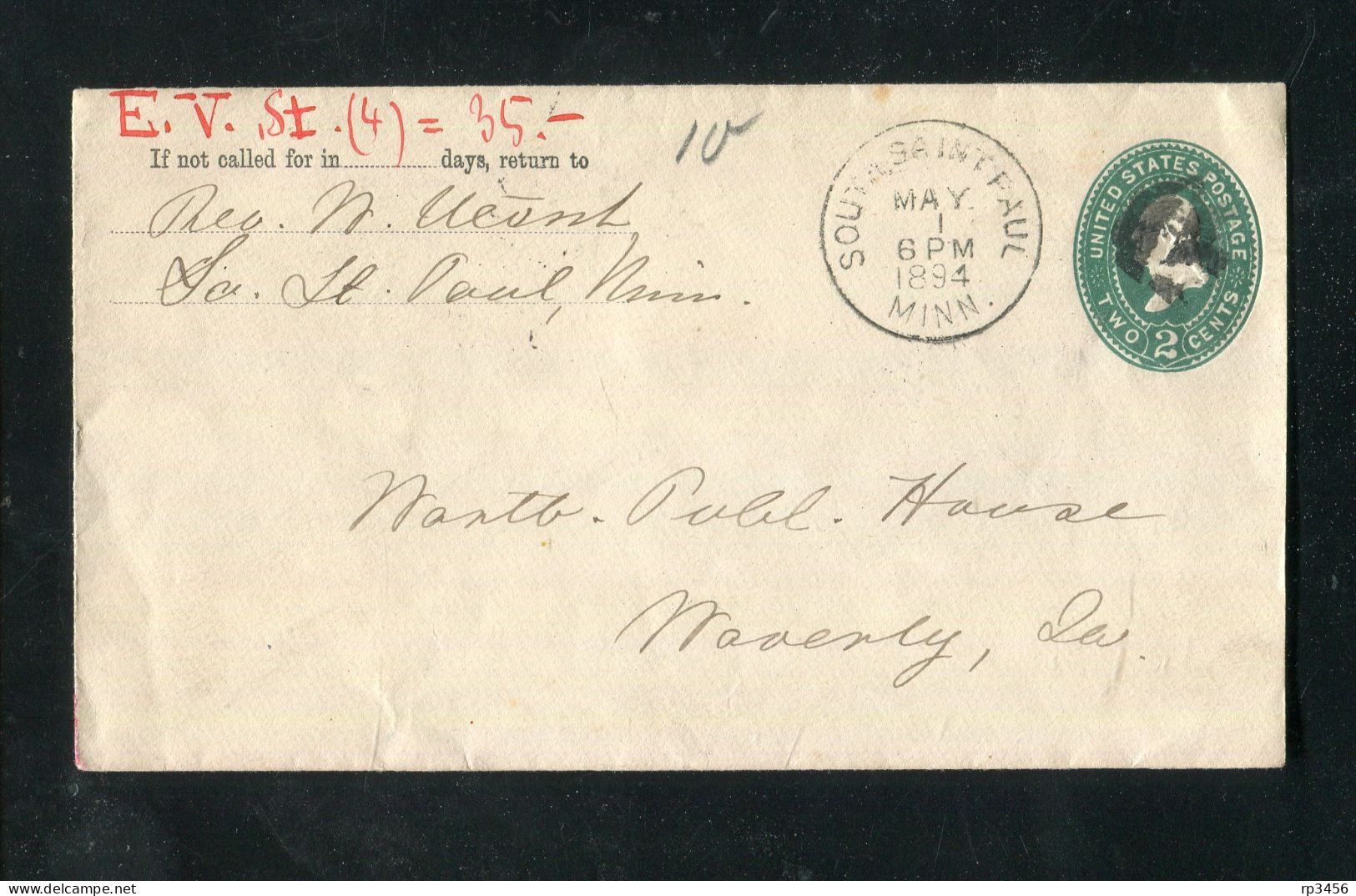 "USA" 1894, Ganzsachenumschlag K1 "SOUTH, SAINT PAUL" (B796) - ...-1900