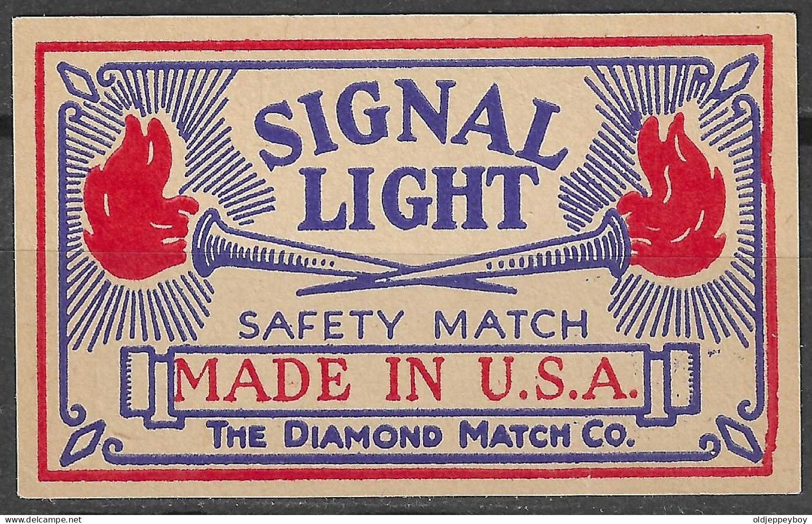  MADE IN U.S.A  Phillumeny MATCHBOX LABEL BULL DOG  SIGNAL LIGHT SAFETY MATCH DIAMOND MATCH CO. TORCHES  3.5 X 5 CM - Luciferdozen - Etiketten