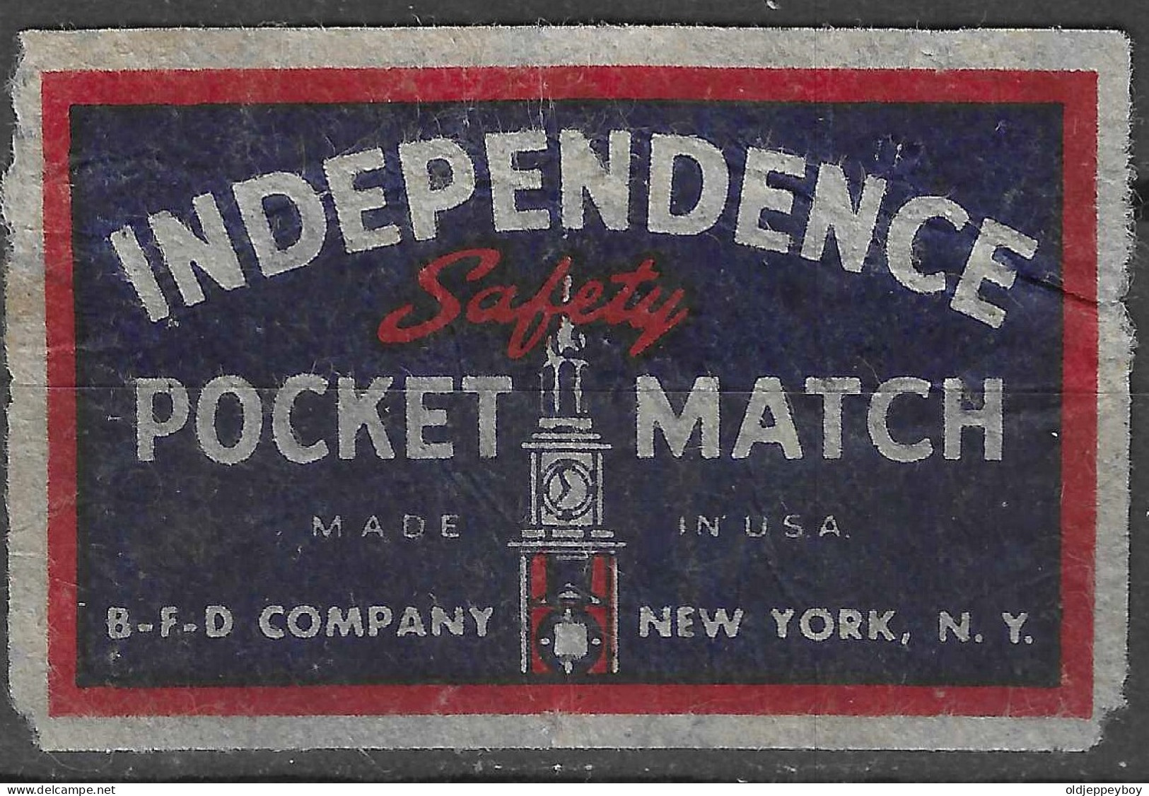 ANTIQUE  MADE IN U.S.A  Phillumeny MATCHBOX LABEL  INDEPENDENCE POCKET MATCH BFD COMPANY NEW YORK  3.5 X 5 CM - Matchbox Labels