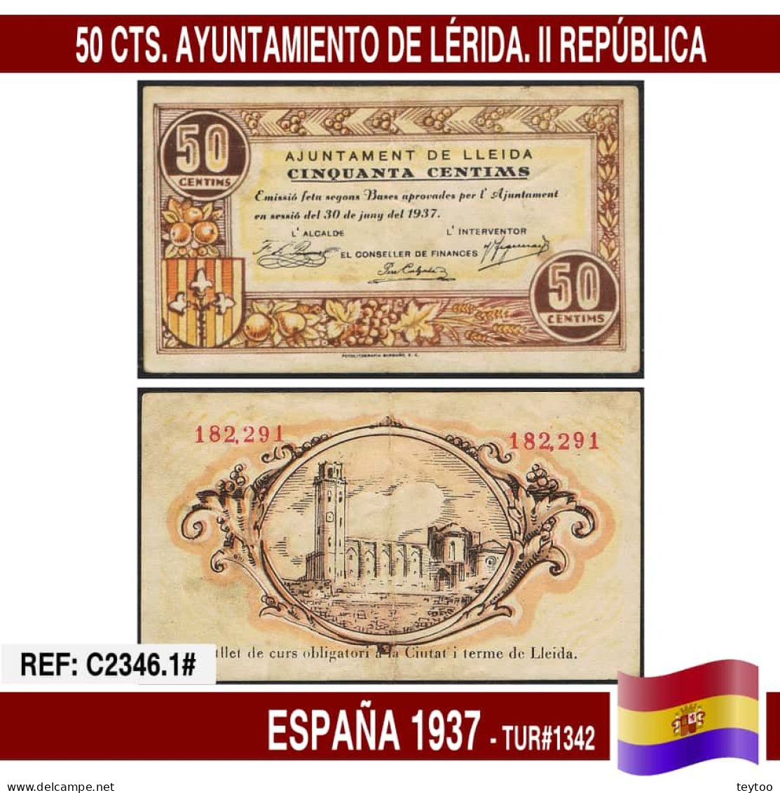 C2346.1# España 1937. 50 Cts. Ayuntamiento De Lérida (VF) TUR@1342 - 1-2 Pesetas