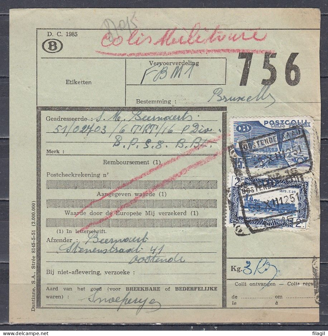Vrachtbrief Met Stempel OOSTENDE (KAAI) N°16 - Documents & Fragments