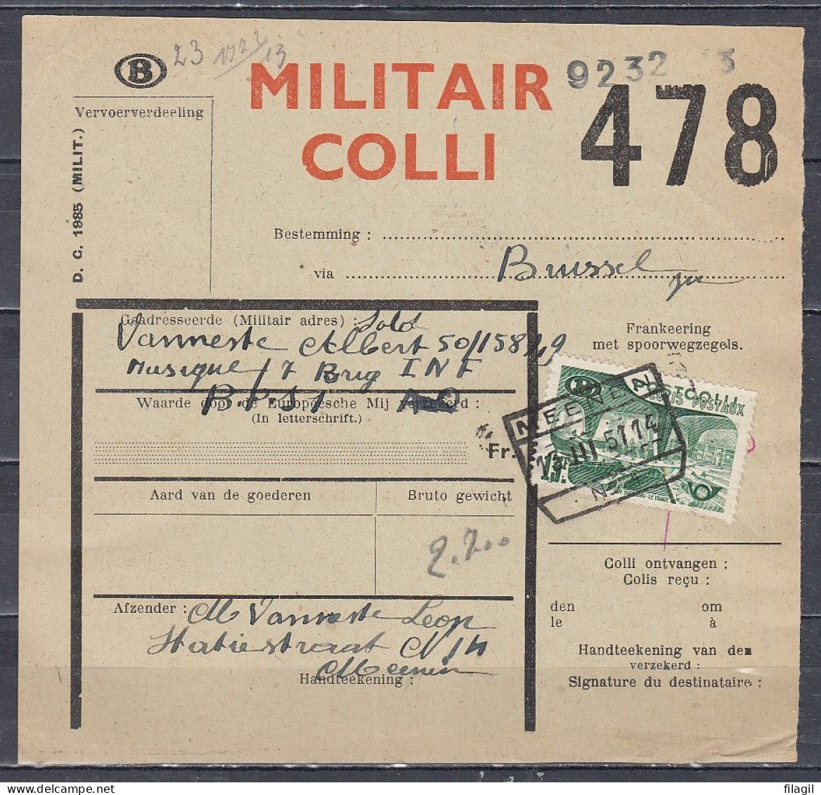 Vrachtbrief Met Stempel MEENEN N°1 MILITAIR COLLI - Documents & Fragments