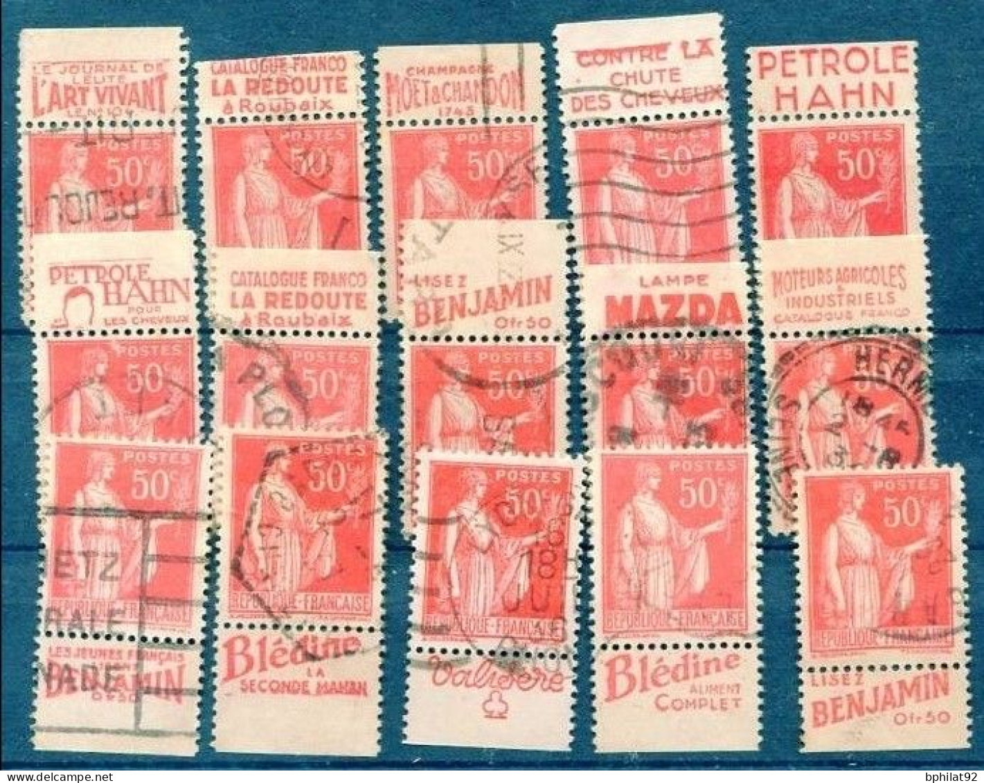 !!! 50 C TYPE PAIX LOT DE 15 PUBS OBLITEREES TOUTES DIFFERENTES - Used Stamps