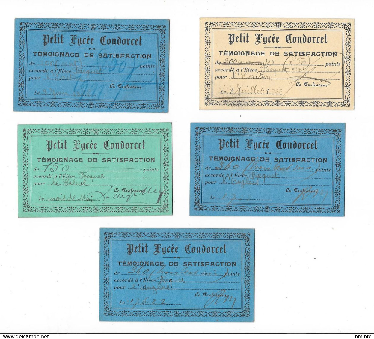 Lot De 11 Tickets Témoignage De Satisfaction Du "Petit Lycée Condorcet " 1922 - Diplômes & Bulletins Scolaires