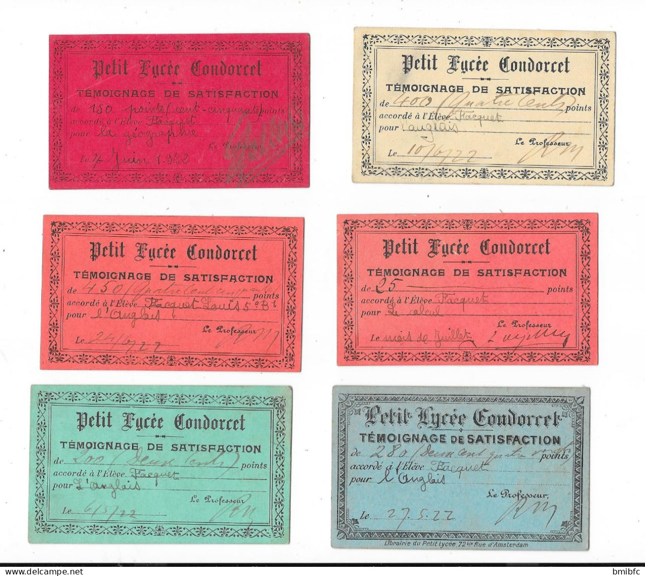 Lot De 11 Tickets Témoignage De Satisfaction Du "Petit Lycée Condorcet " 1922 - Diplômes & Bulletins Scolaires