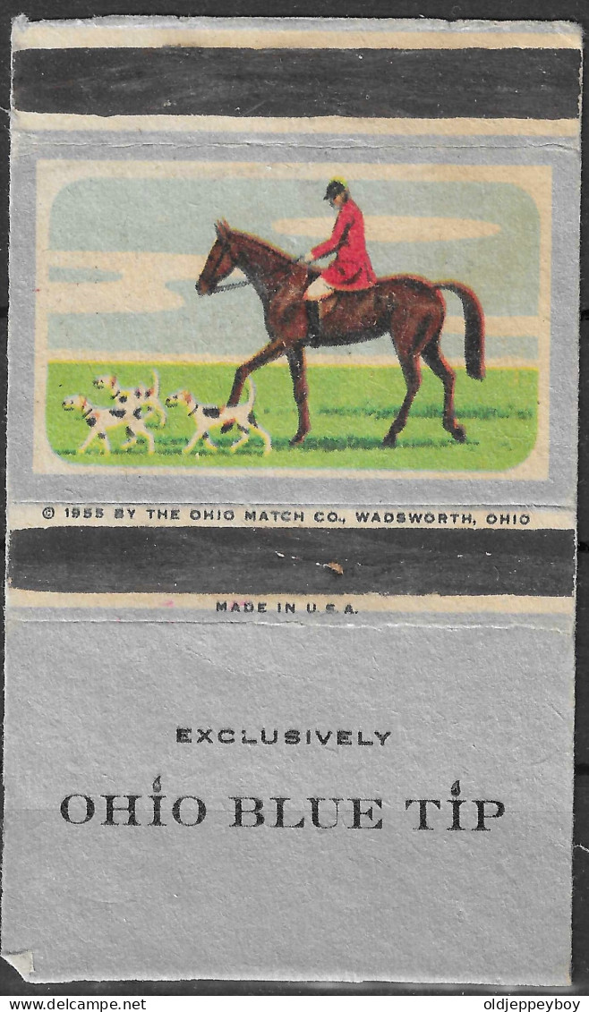 U.S.A FOX HUNTING DOGS HORSE RIDER  Phillumeny MATCHBOX   1955 OHIO BLUE TIP MATCH CO. WADSWORTH OHIO  10 X 5.5 CM - Matchbox Labels