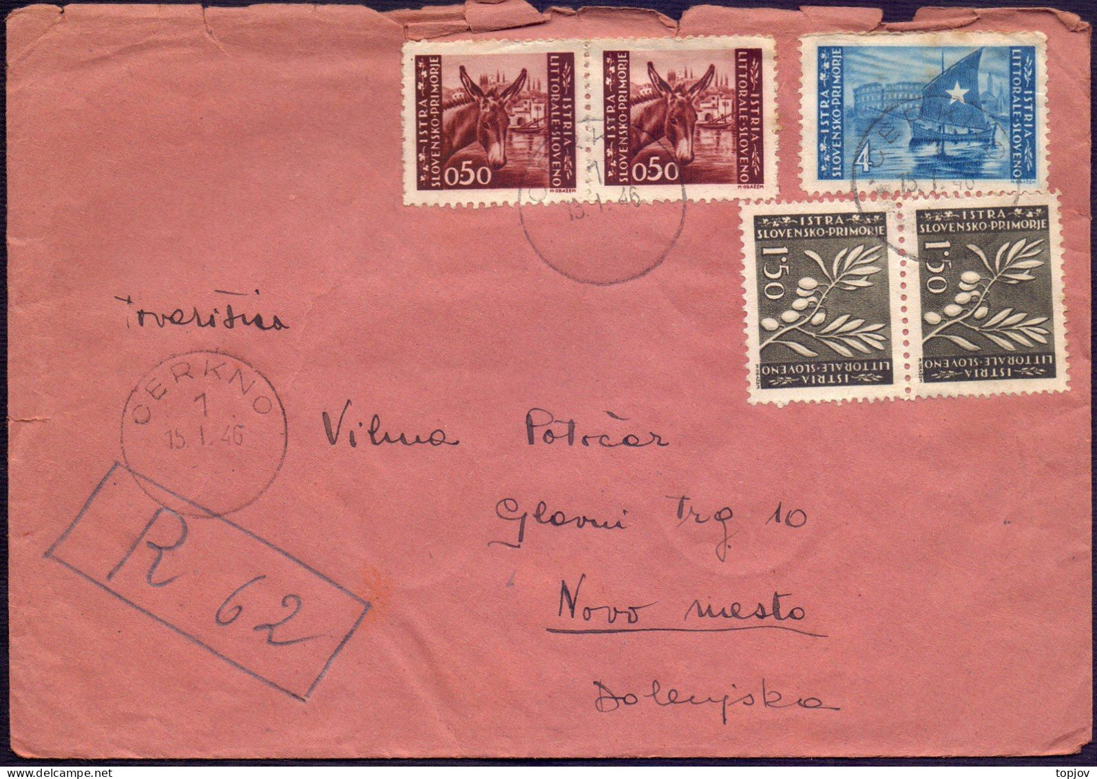 SLOVENIA LITORALE - CERKNO To NOVO MESTO - RECOM. LETTER 12Lira - 15. 1. 1946. - Marcofilie