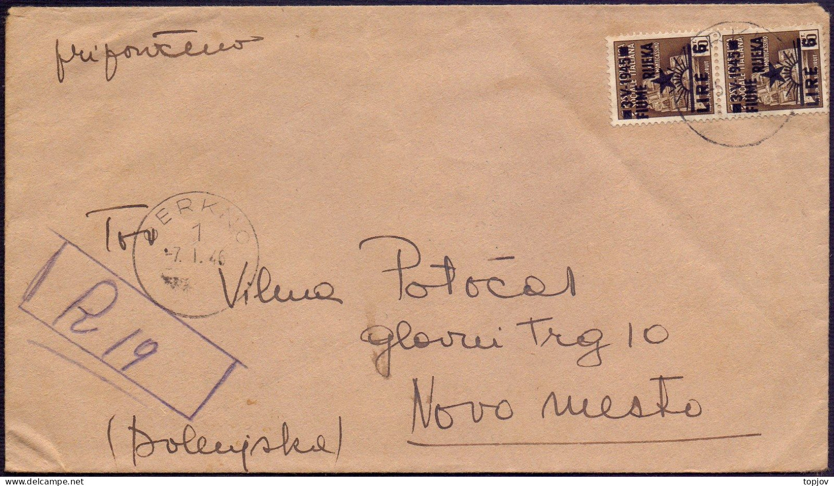 SLOVENIA LITORALE - CERKNO To NOVO MESTO - RECOM. LETTER 12Lira - 7. 1. 1946. - Marcofilie