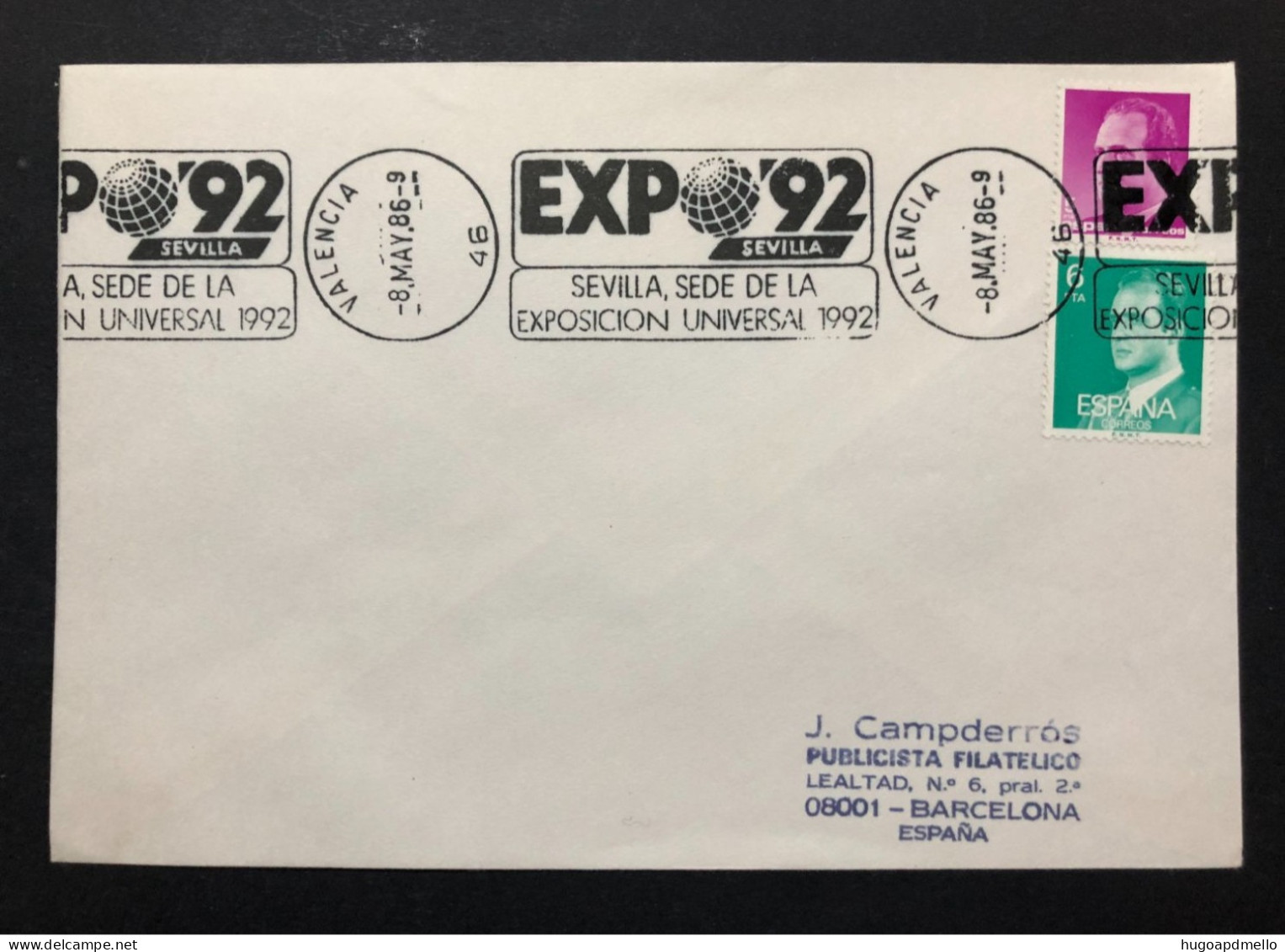 SPAIN, Cover With Special Cancellation « EXPO '92 », « VALENCIA Postmark », 1986 - 1992 – Séville (Espagne)