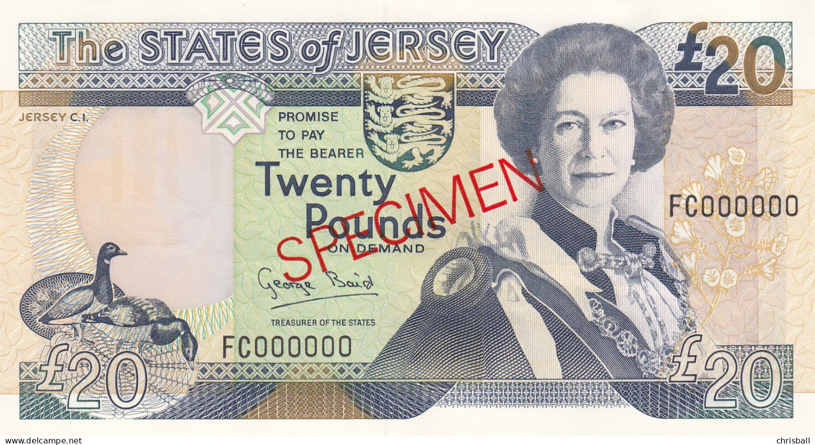 Jersey Banknote Twenty Pound (Pick 19s)  SPECIMEN Overprint Code EC/FC Or GC - Superb UNC Condition - Jersey