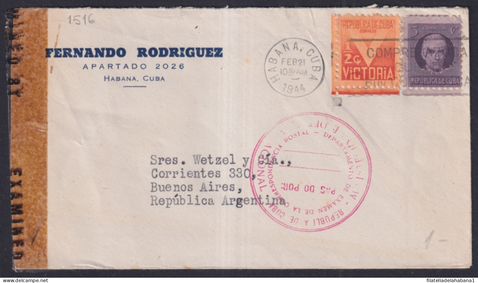 1942-H-32 CUBA REPUBLICA 1942 SEMIPOSTAL WWII CENSORSHIP COVER TO ARGENTINA. - Covers & Documents