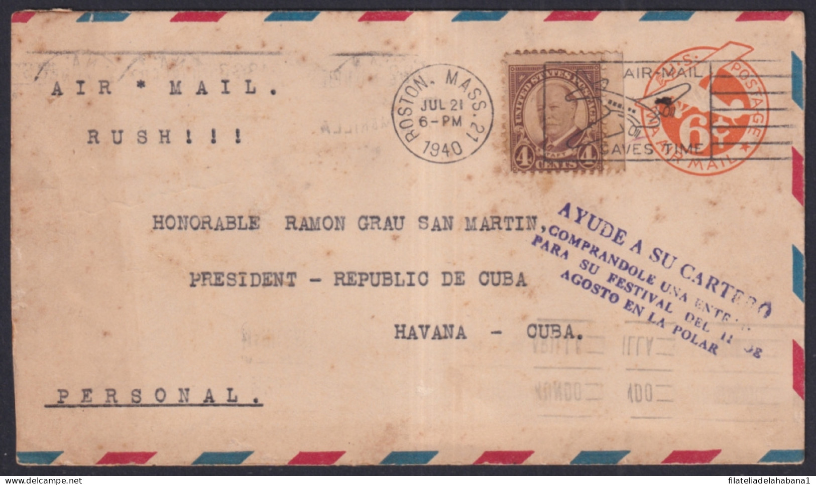 1940-H-83 USA COVER TO CUBA 1940 POSTMARK AYUDE A SU CARTERO. - Lettres & Documents