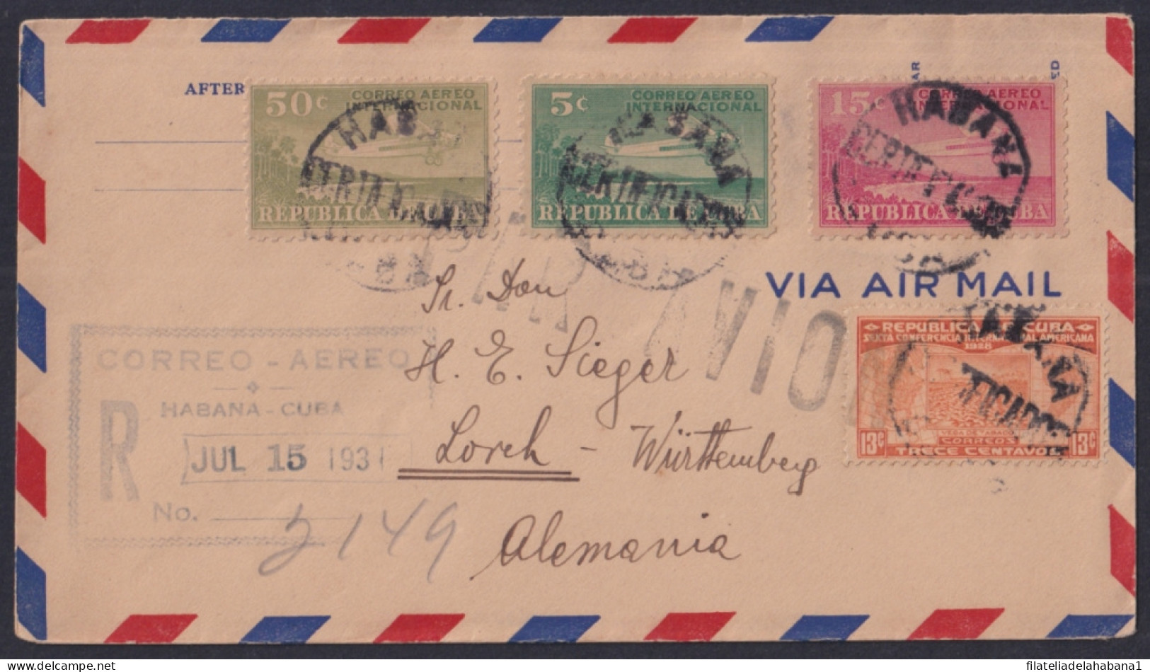 1930-H-83 CUBA REPUBLICA 1931 50c+15c+5c AIRPLANE REGISTERED COVER TO GERMANY.  - Lettres & Documents