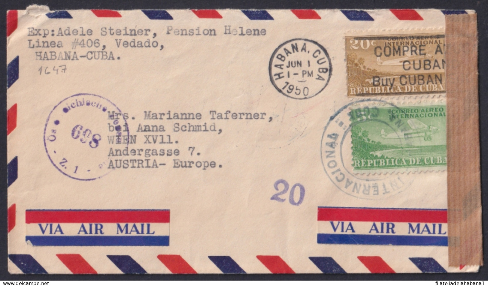 1930-H-81 CUBA REPUBLICA 1950 5c+20c AIRPLANE CENSORSHIP COVER TO AUSTRIA.  - Brieven En Documenten