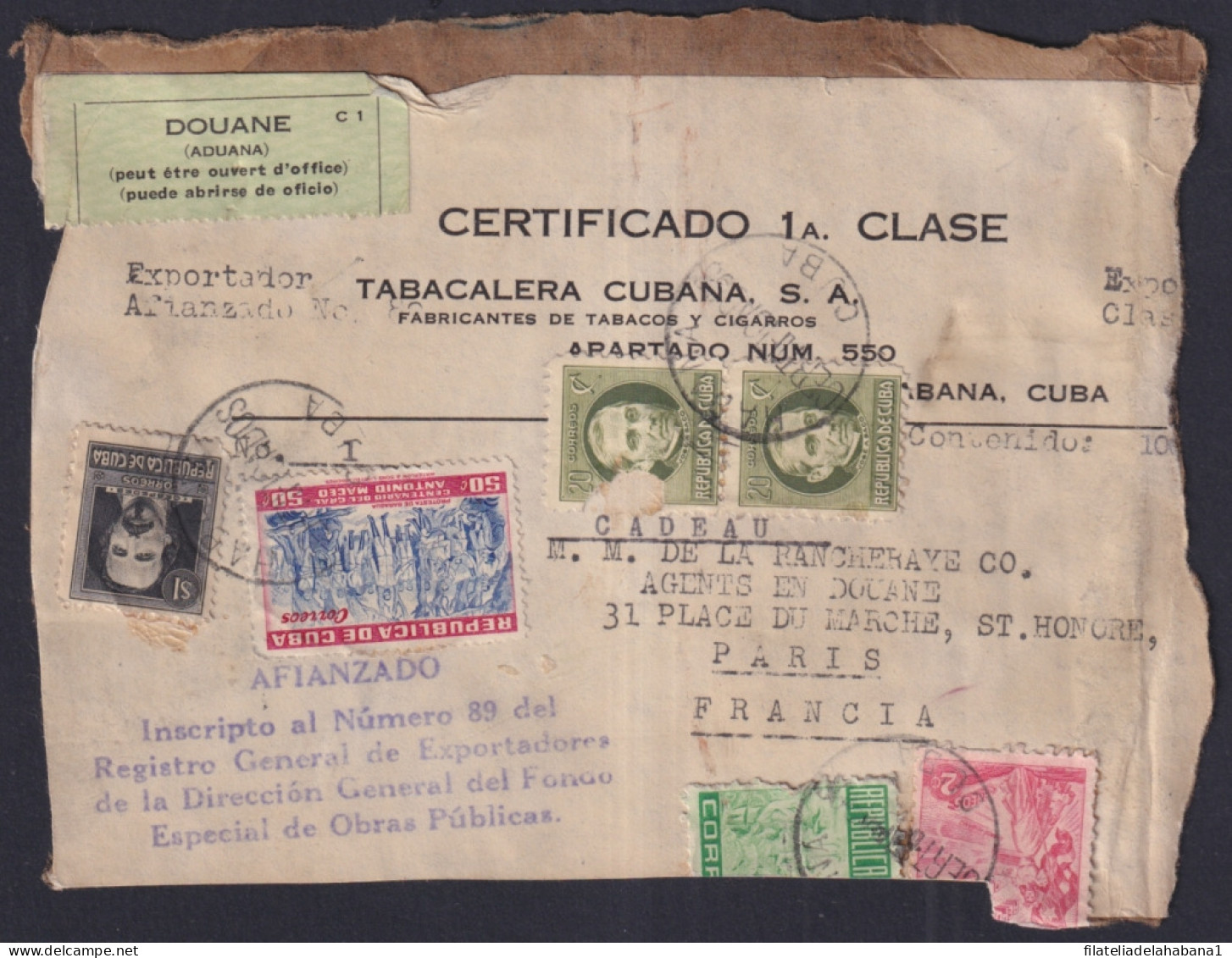 1917-H-429 CUBA REPUBLICA 1917 TOBACCO  REGISTED TOBACCO BOX FRONT 1$ CESPEDES & MACEO. - Cartas & Documentos