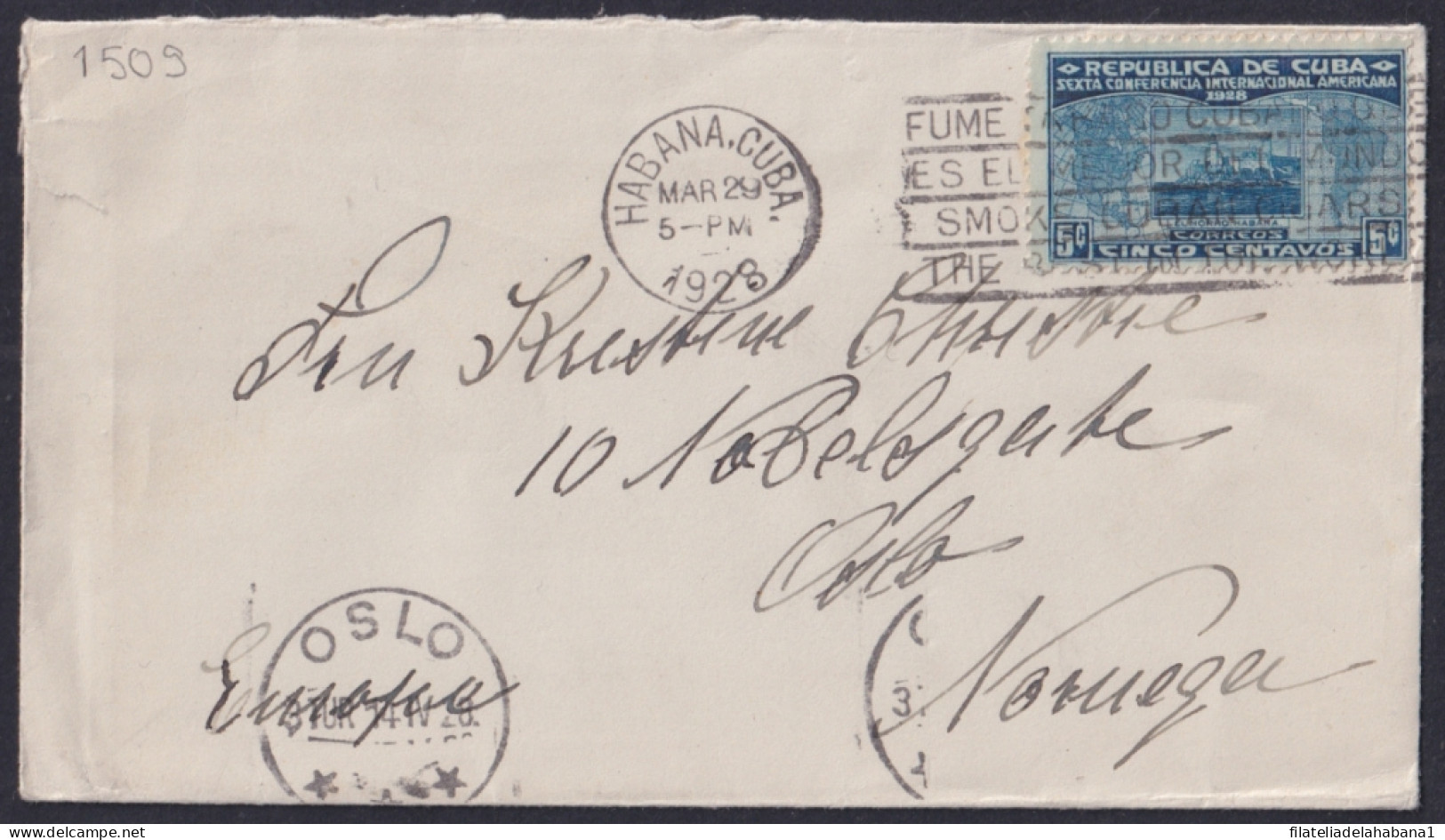 1928-H-102 CUBA REPUBLICA 1927 5c COVER TO OSLO, NORWAY CANCEL SMOKE TOBACCO.  - Lettres & Documents