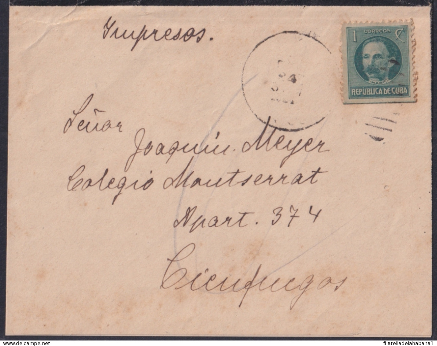 1917-H-428 CUBA REPUBLICA 1917 1c IMPRESOS COVER TO CIENFUEGOS TARIFA RARA.  - Lettres & Documents