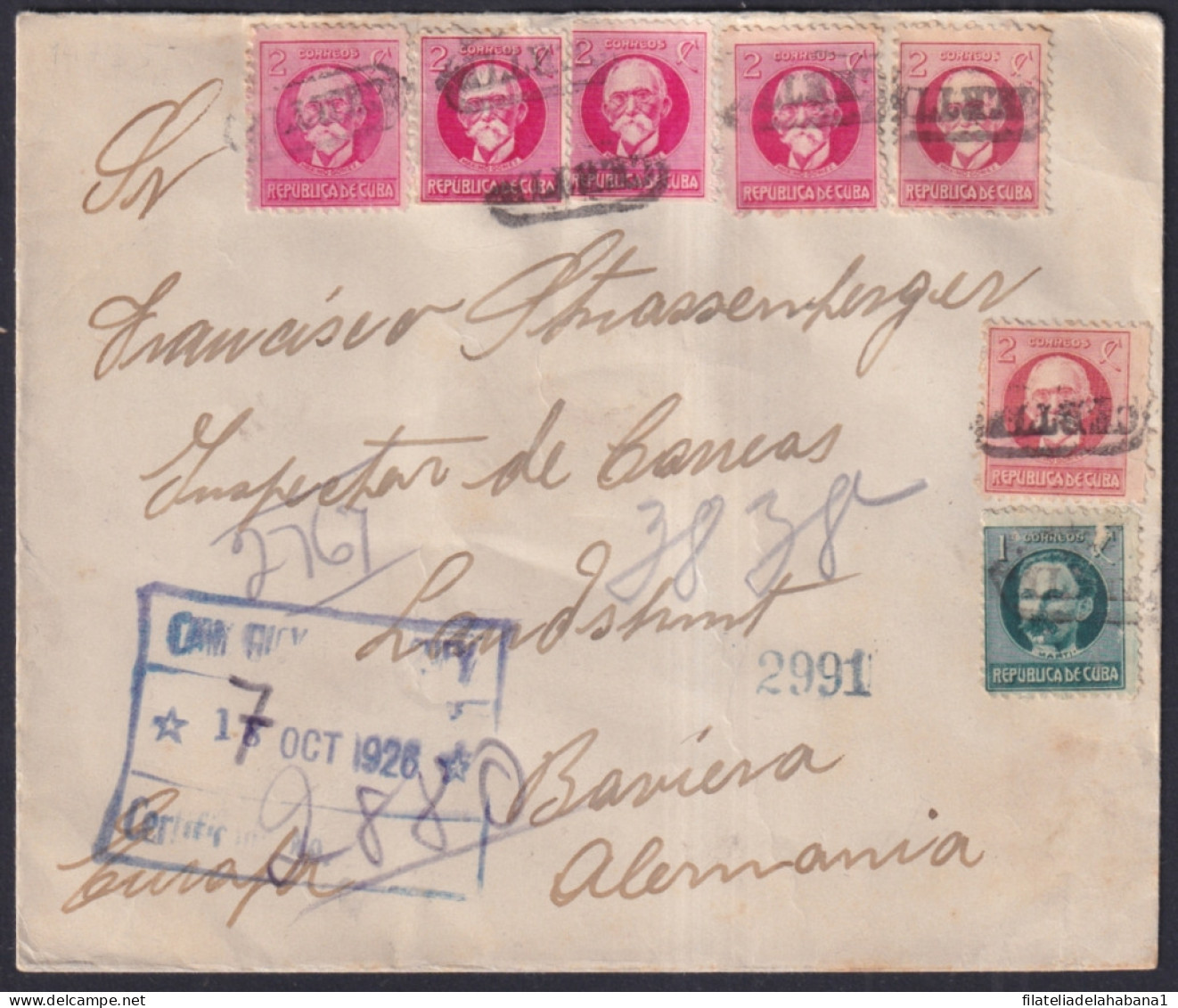 1917-H-427 CUBA REPUBLICA 1917 CERTIF MARK REGISTED COVER CAMAGUEY TO GERMANY.  - Covers & Documents