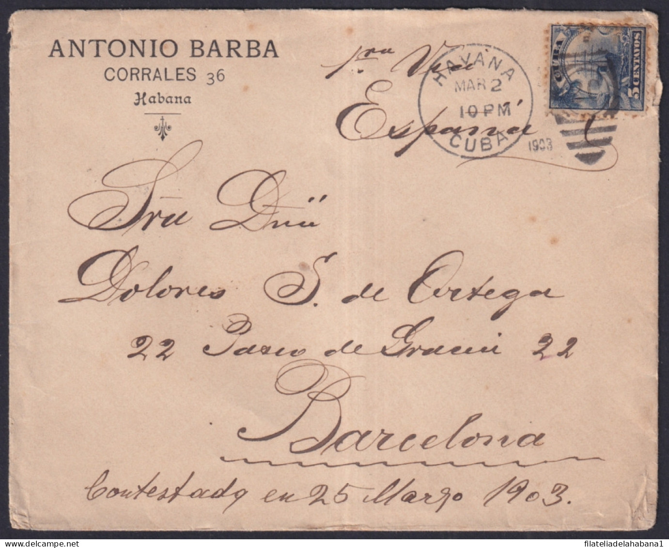 1899-H-274 CUBA US OCCUPATION 1899 5c HAVANA TO BARCELONA ESPAÑA SPAIN.  - Storia Postale