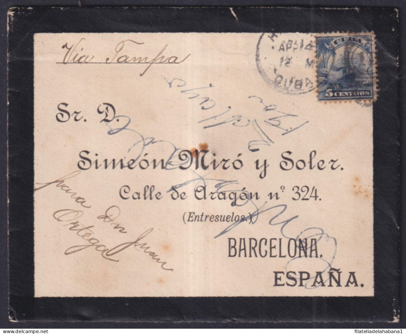1899-H-273 CUBA US OCCUPATION 1899 5c HAVANA TO BARCELONA VIA TAMPA SPAIN.  - Covers & Documents