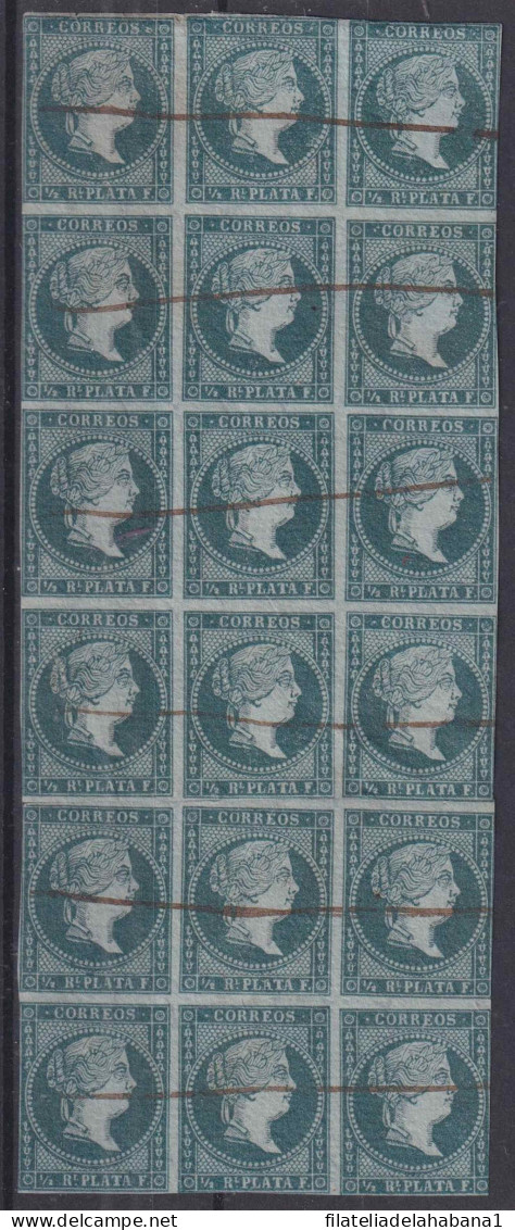 1855-311 CUBA SPAIN ANTILLES PUERTO RICO 1855 ½ R LIGHT GREEN WHITE PAPER BLOCK 18.  - Préphilatélie