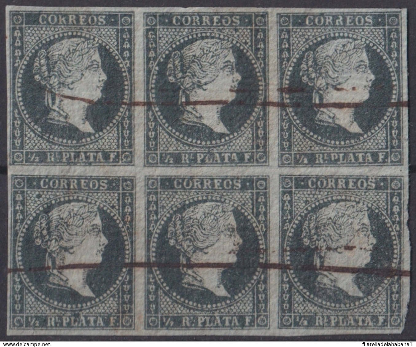 1855-308 CUBA SPAIN ANTILLES PUERTO RICO 1855 ½ R GREEN WHITE PAPER BLOCK 6. - Prephilately