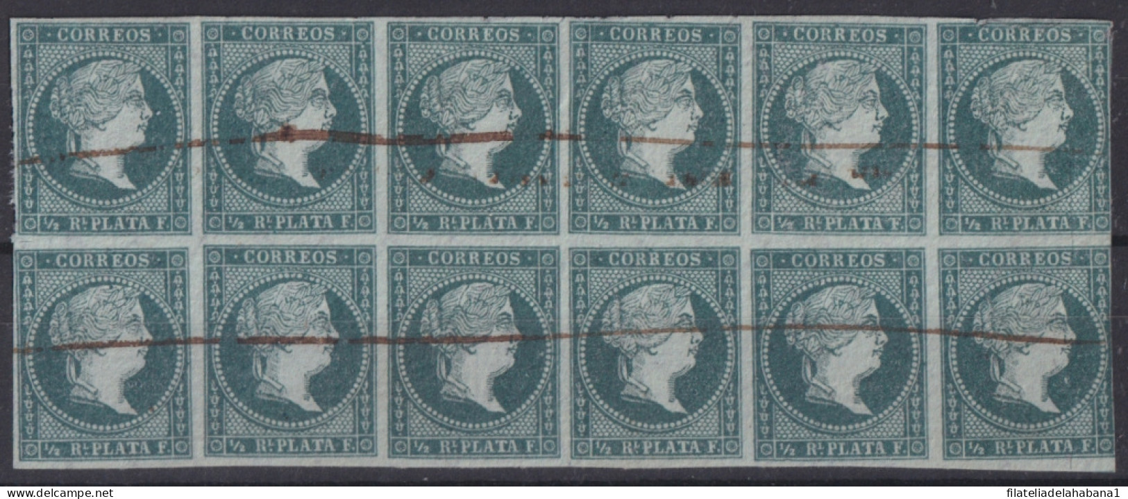 1855-307 CUBA SPAIN ANTILLES PUERTO RICO 1855 ½ R GREEN WHITE PAPER BLOCK 12.  - Voorfilatelie