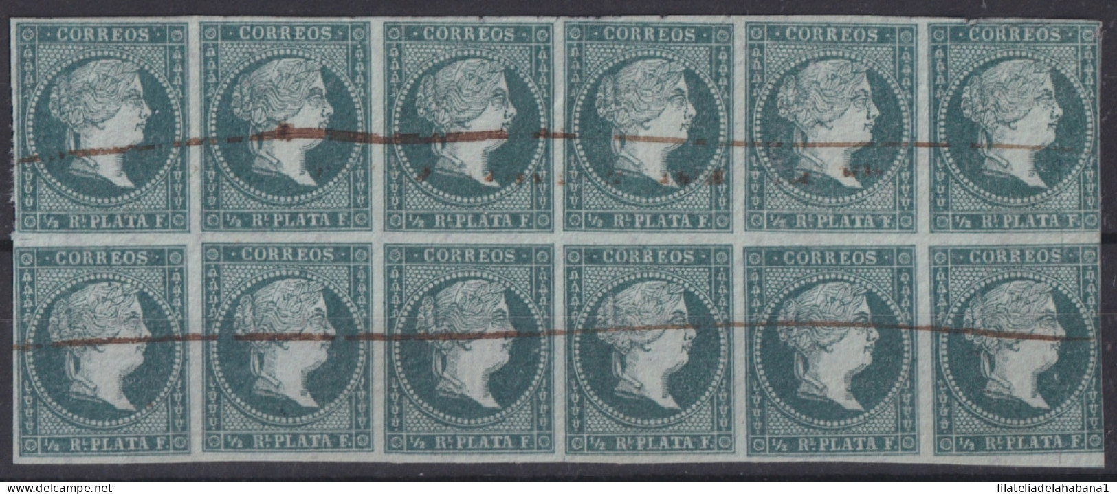 1855-307 CUBA SPAIN ANTILLES PUERTO RICO 1855 ½ R GREEN WHITE PAPER BLOCK 12.  - Prephilately