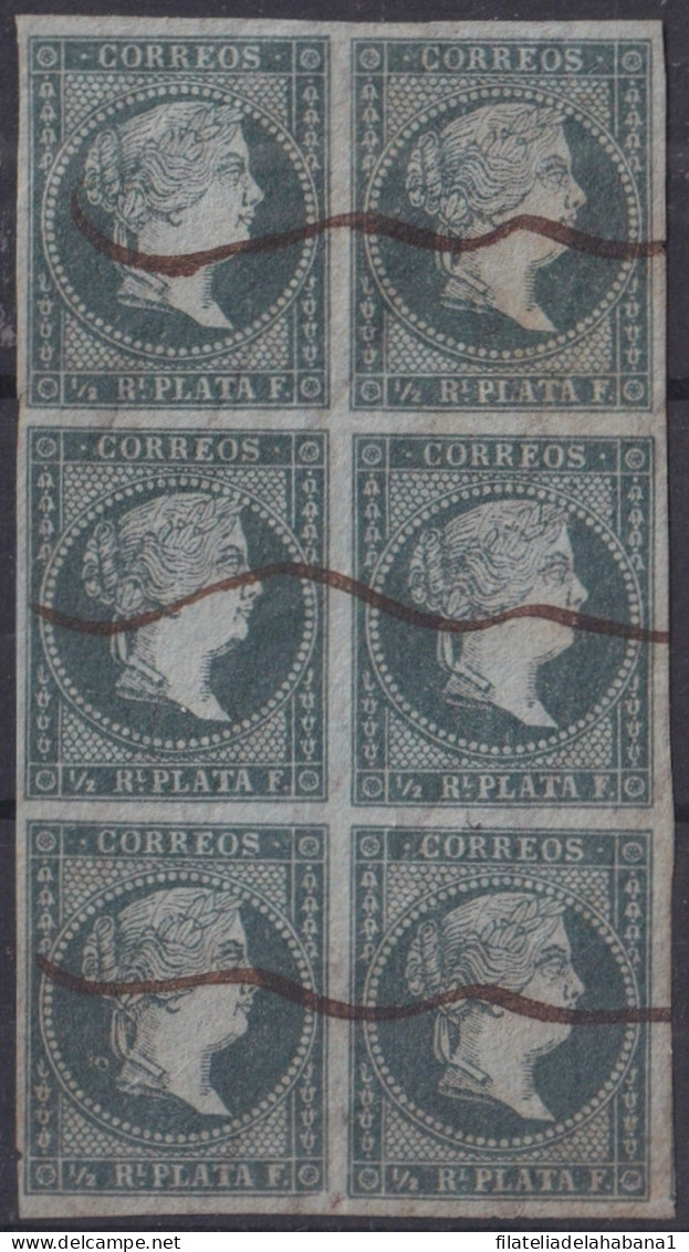 1855-306 CUBA SPAIN ANTILLES PUERTO RICO 1855 ½ R GREEN BLUE PAPER BLOCK 6.  - Vorphilatelie