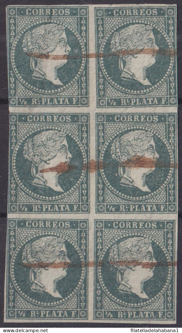 1855-305 CUBA SPAIN ANTILLES PUERTO RICO 1855 ½ R GREEN WHITE PAPER BLOCK 6.  - Voorfilatelie