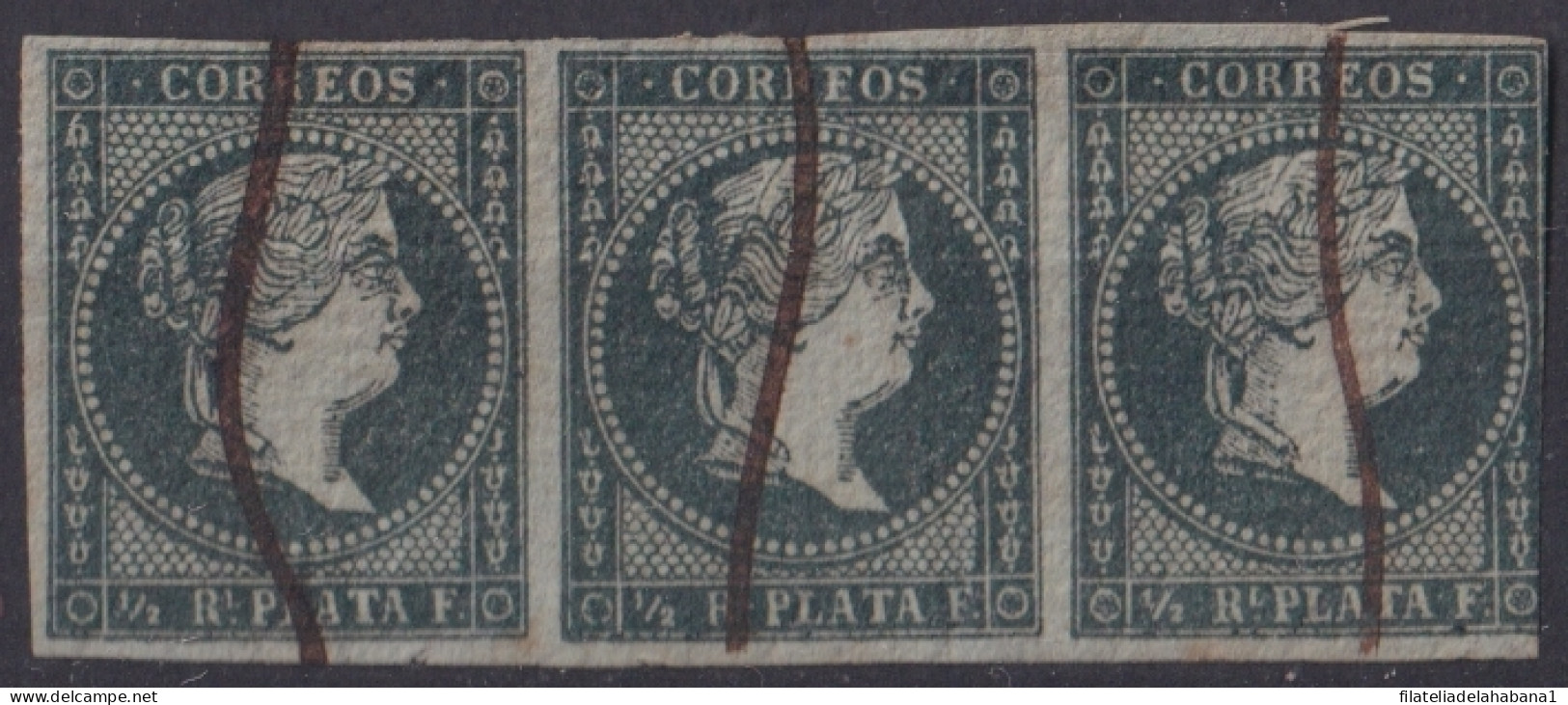 1855-304 CUBA SPAIN ANTILLES PUERTO RICO 1855 ½ R DARK GREEN TRIP “CORRFOS” TRIP 3.  - Préphilatélie