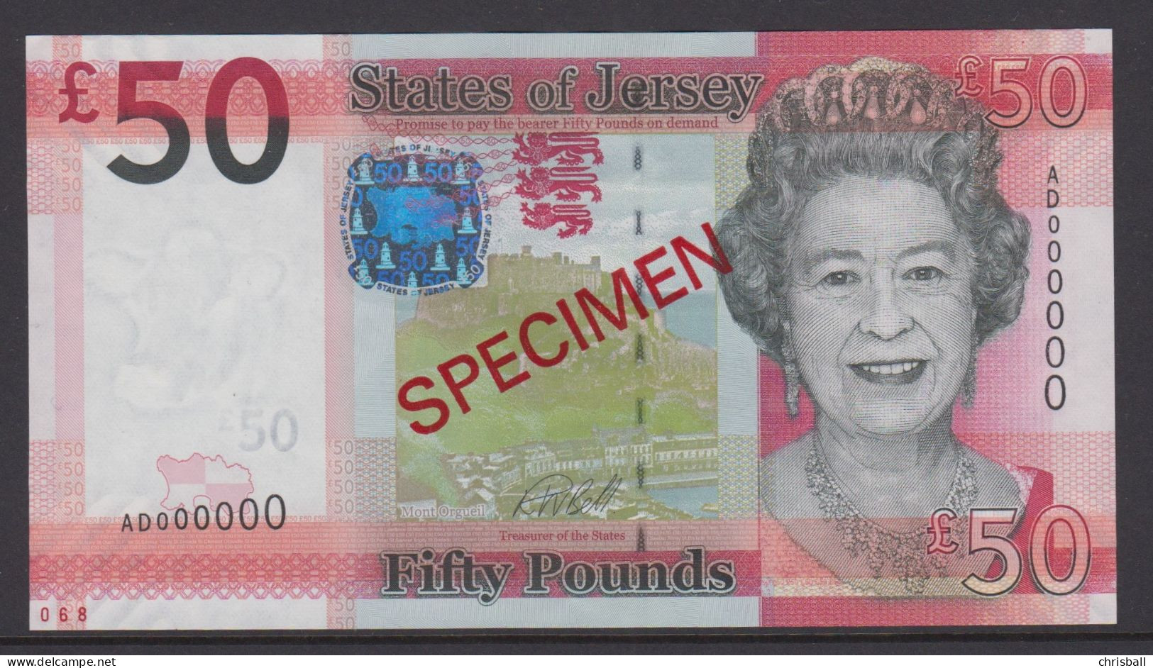 Jersey Banknote Fifty Pound (Pick 36s)  SPECIMEN Overprint Code AD - Superb UNC Condition - Jersey