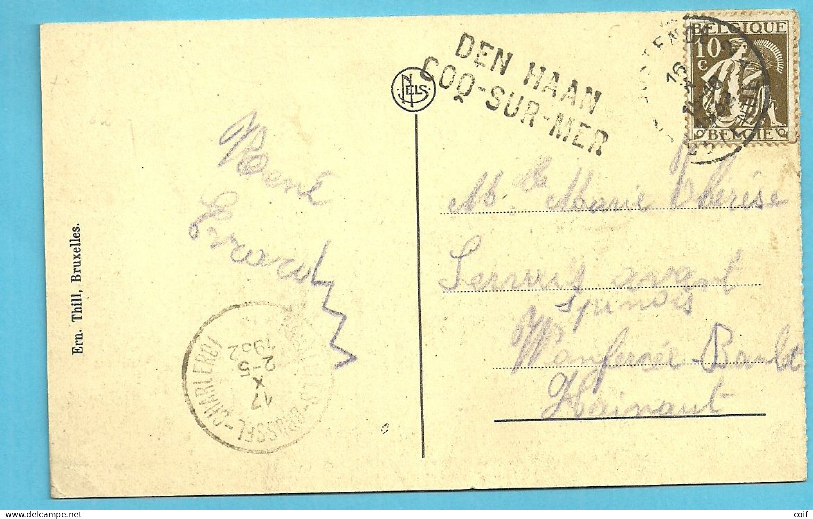 337 Op Kaart Stempel OOSTENDE, Naamstempel DEN HAAN / COQ-SUR-MER Met Treinstempel BRUXELLES-BRUSSEL-CHARLEROI - 1932 Cérès Et Mercure