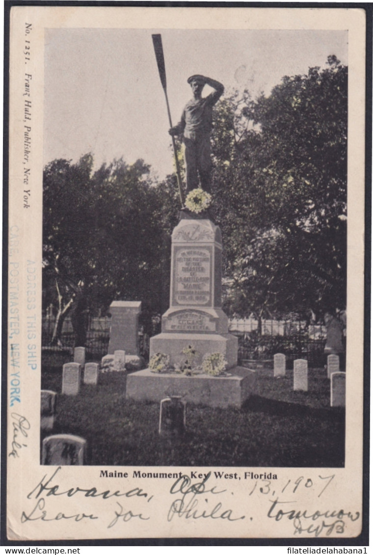 POS-1853 US USA POSTCARD MAINE MONUMENT KEY WEST 1907 TO US. - West Palm Beach