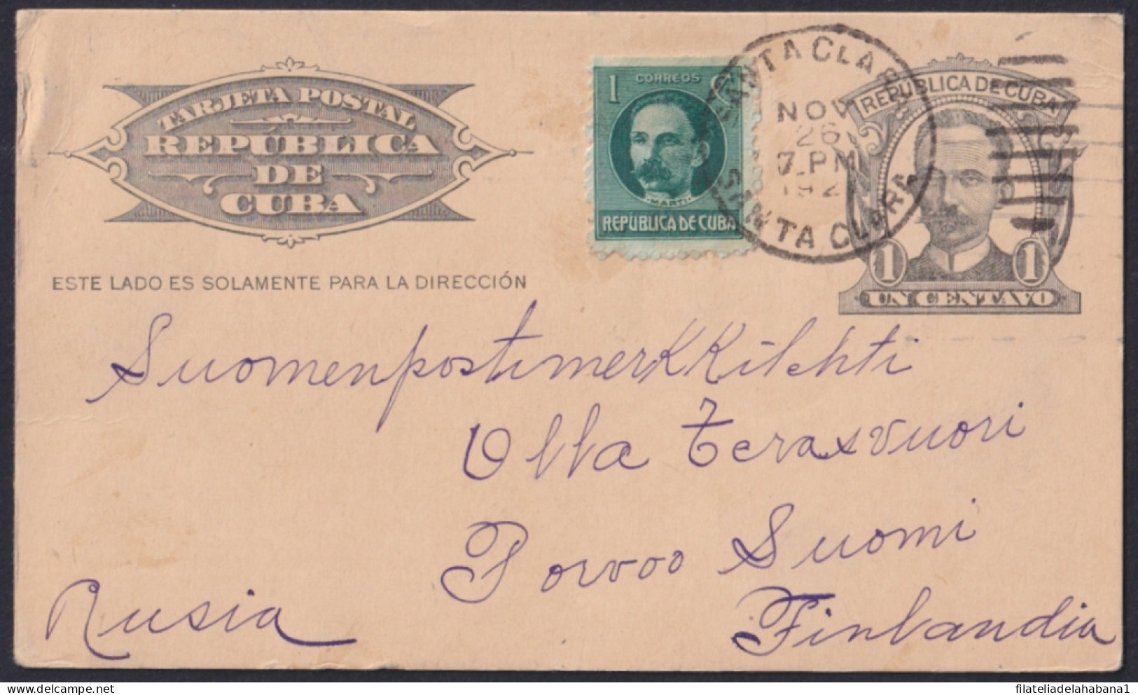 1904-EP-201 CUBA 1904 POSTAL STATIONERY 1c MARTI CARD 1921 TO FINLAND VIA RUSSIA.  - Storia Postale