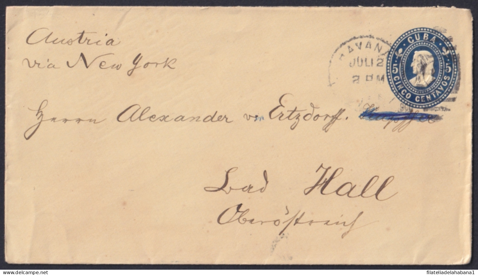 1899-EP-317 CUBA 1899 POSTAL STATIONERY 5c COLUMBUS YELLOW PAPER TO AUSTRIA 1900.  - Cartas & Documentos