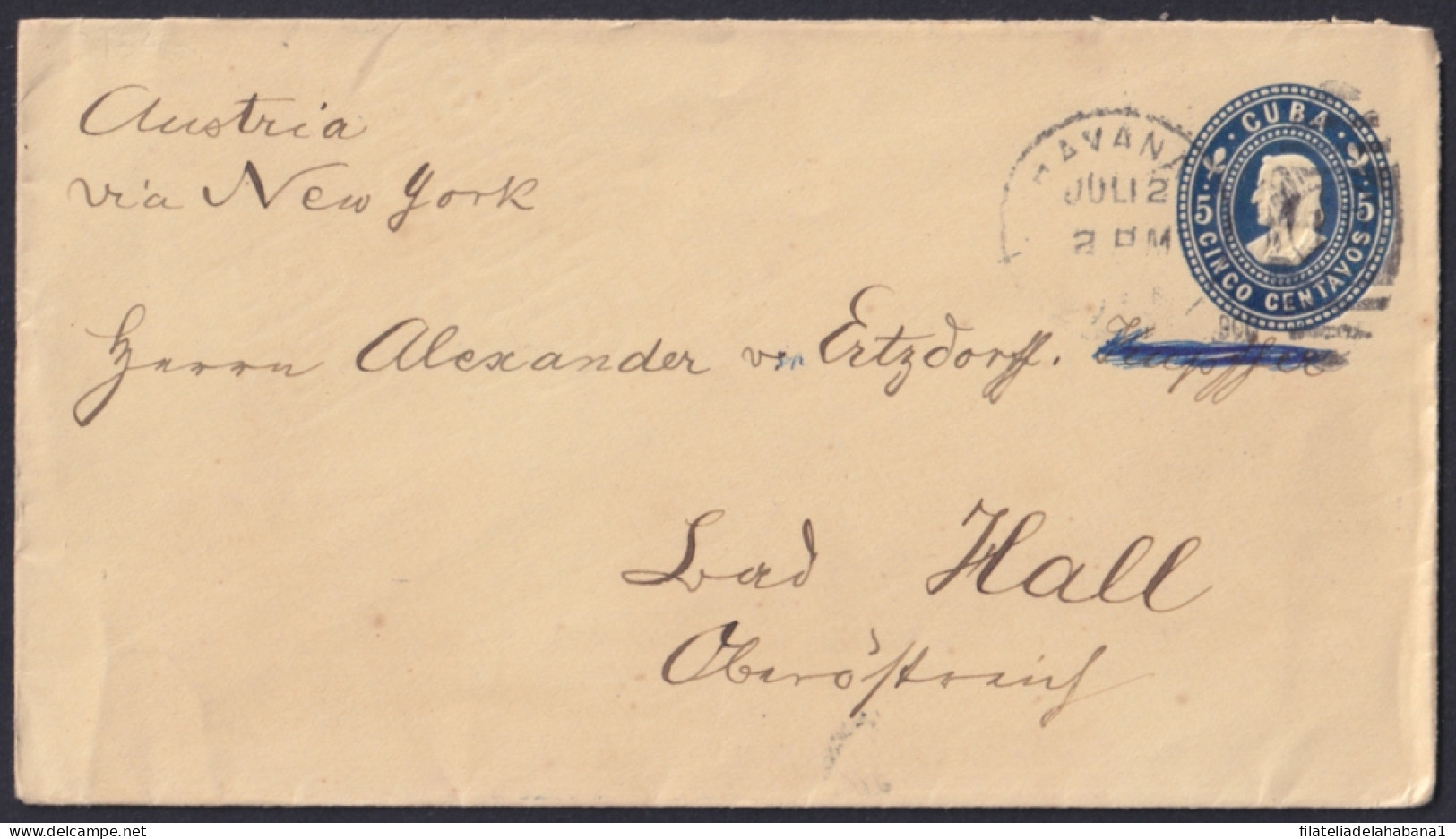1899-EP-317 CUBA 1899 POSTAL STATIONERY 5c COLUMBUS YELLOW PAPER TO AUSTRIA 1900.  - Storia Postale