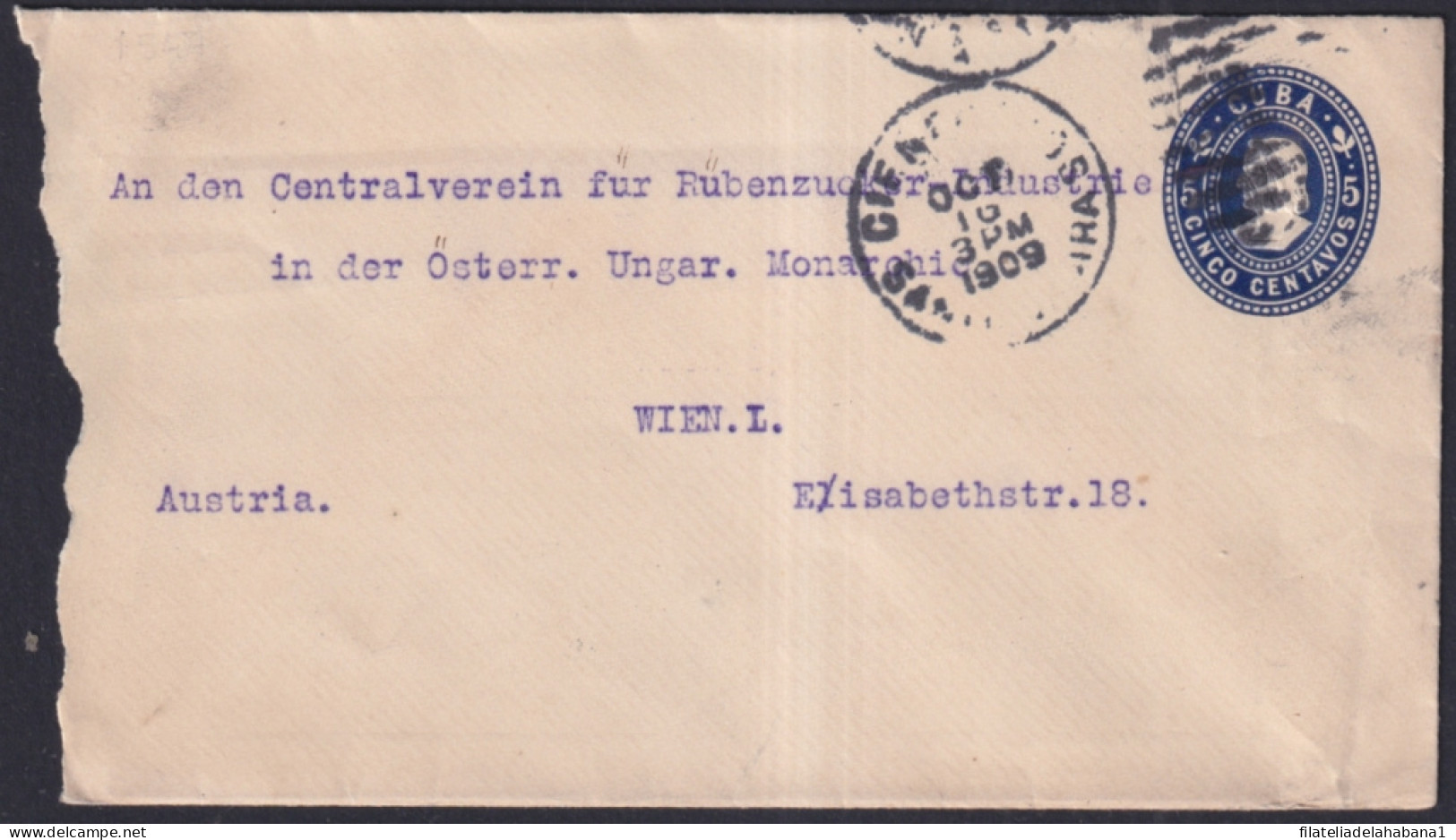 1899-EP-316 CUBA 1899 POSTAL STATIONERY 5c COLUMBUS HAVANA TO AUSTRIA 1909. - Briefe U. Dokumente