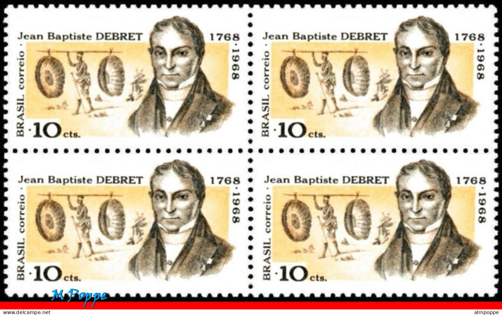 Ref. BR-1104-Q BRAZIL 1968 - JEAN BAPTISTE DEBRET,SELF PORTRAIT, MI# 1193, BLOCK MNH, AUTHORS 4V Sc# 1104 - Blocs-feuillets