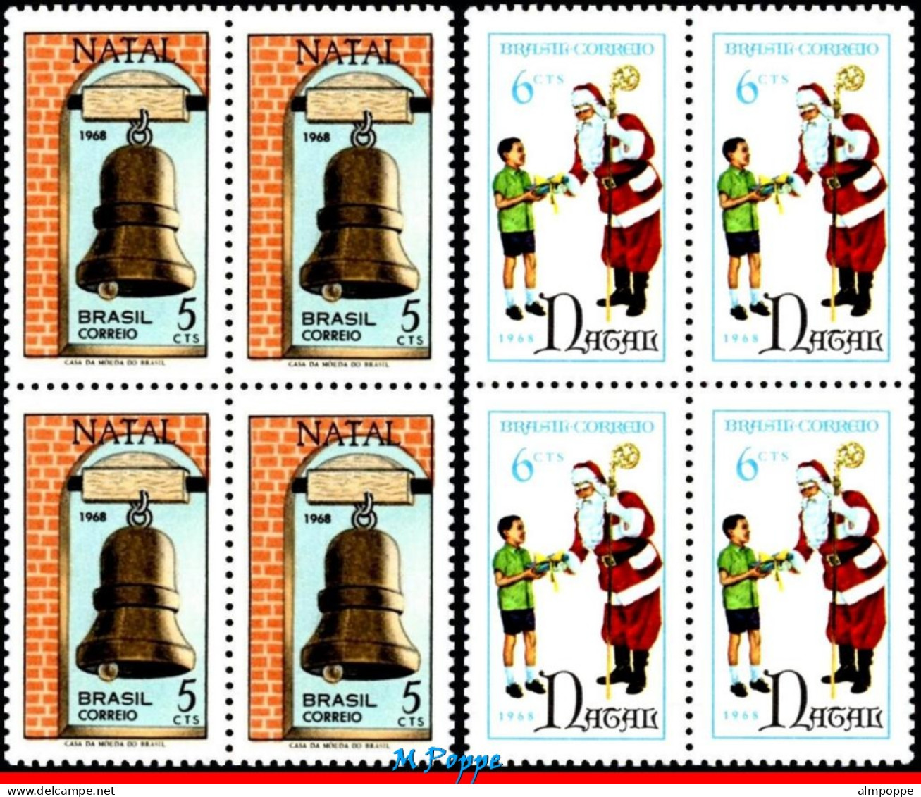 Ref. BR-1110-11-Q BRAZIL 1968 - SANTA CLAUS AND BELL,RELIGION, BLOCKS MNH, CHRISTMAS 8V Sc# 1110-1111 - Blocks & Sheetlets