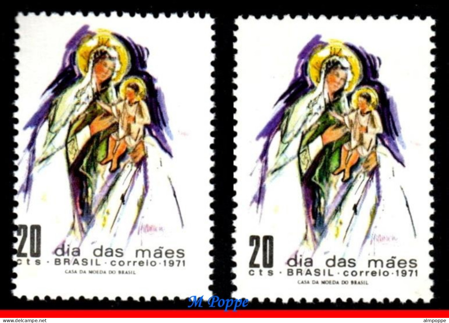 Ref. BR-1187-R BRAZIL 1971 - ** ERROR ** PERFORATION,MADONNA AND CHILD, MI# 1281, MNH, MOTHER'S DAY 2V Sc# 1187 - Erreurs Sur Timbres