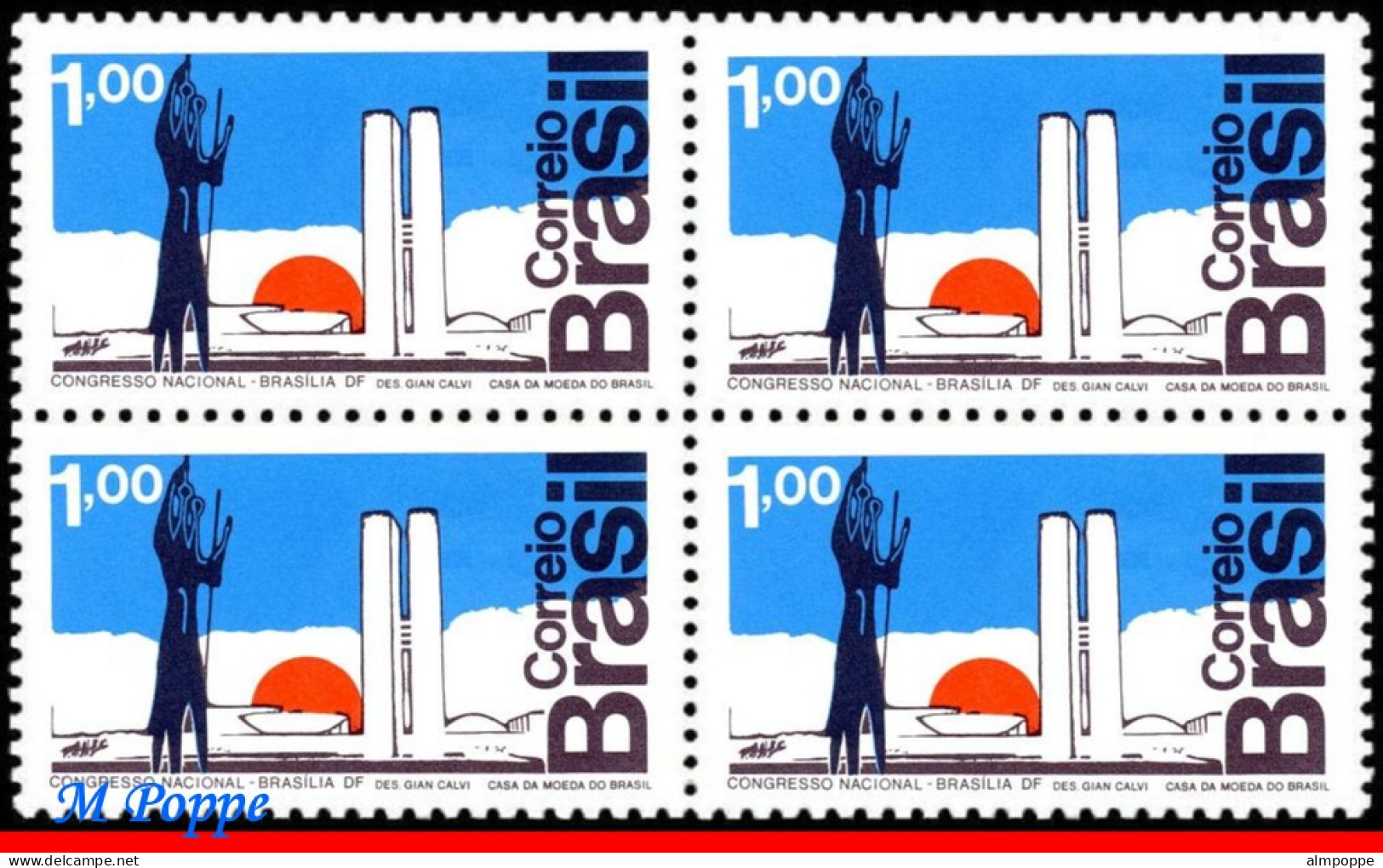 Ref. BR-1266-Q BRAZIL 1972 - CONGRESS BUILDING BYOSCAR NIEMEYER, MI# 1350, BLOCK MNH, ARCHITECTURE 4V Sc# 1266 - Blocks & Sheetlets