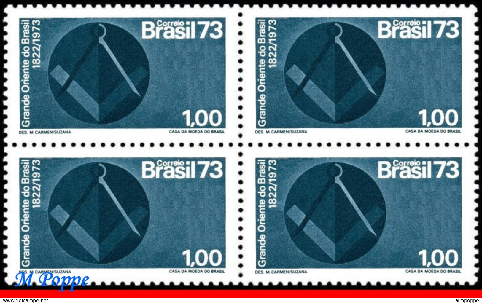 Ref. BR-1303-Q BRAZIL 1973 - FREE MASONS OF BRAZIL,MASONIC EMBLEM, MI# 1389, BLOCK MNH, FREEMASONRY 4V Sc# 1303 - Blocs-feuillets