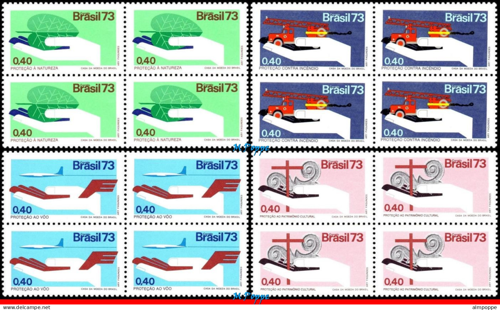 Ref. BR-1304-07-Q BRAZIL 1973 - PROTECTION CAMPAIGN,FIRE,AVIATION, MI# 1390-94, BLOCKS MNH, HEALTH 16V Sc# 1304-1307 - Blocks & Sheetlets