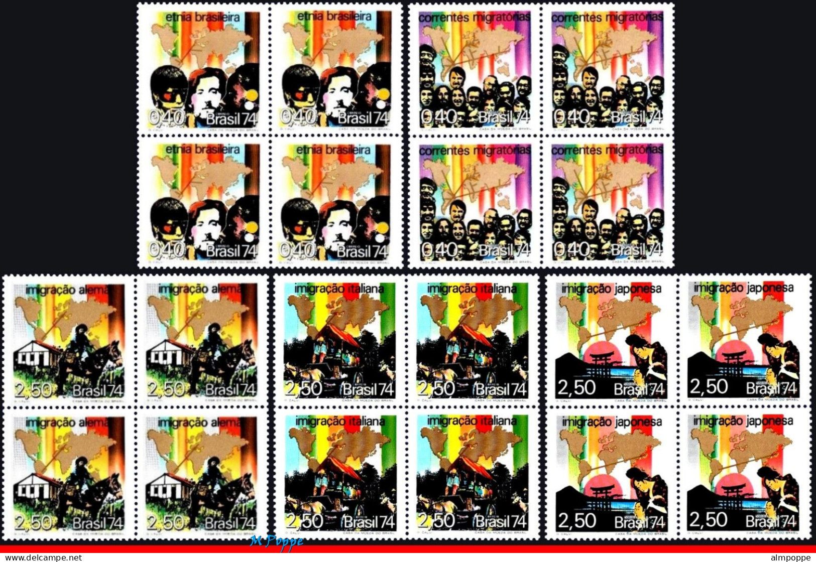 Ref. BR-1344-48-Q BRAZIL 1974 - ETHNIC AND MIGRATION,MI# 1431-35, BLOCKS MNH, CUSTOMS AND TRADITIONS 20V Sc# 1344-1348 - Blocchi & Foglietti