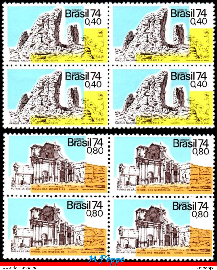 Ref. BR-1349-50-Q BRAZIL 1974 - SANDSTONE CLIFFS & RUINSOF CATHEDRAL, MI# 1437-38,BLOCKS MNH, TOURISM 8V Sc# 1349-1350 - Blocks & Sheetlets