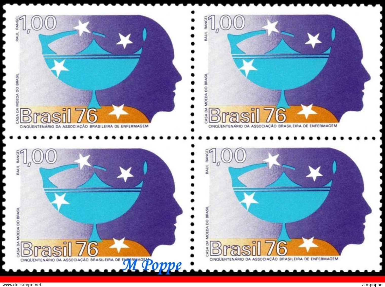 Ref. BR-1468-Q BRAZIL 1976 - NURSES' ASSOCIATION, 50THANNIV., MI# 1553, BLOCK MNH, HEALTH 4V Sc# 1468 - Blocks & Kleinbögen