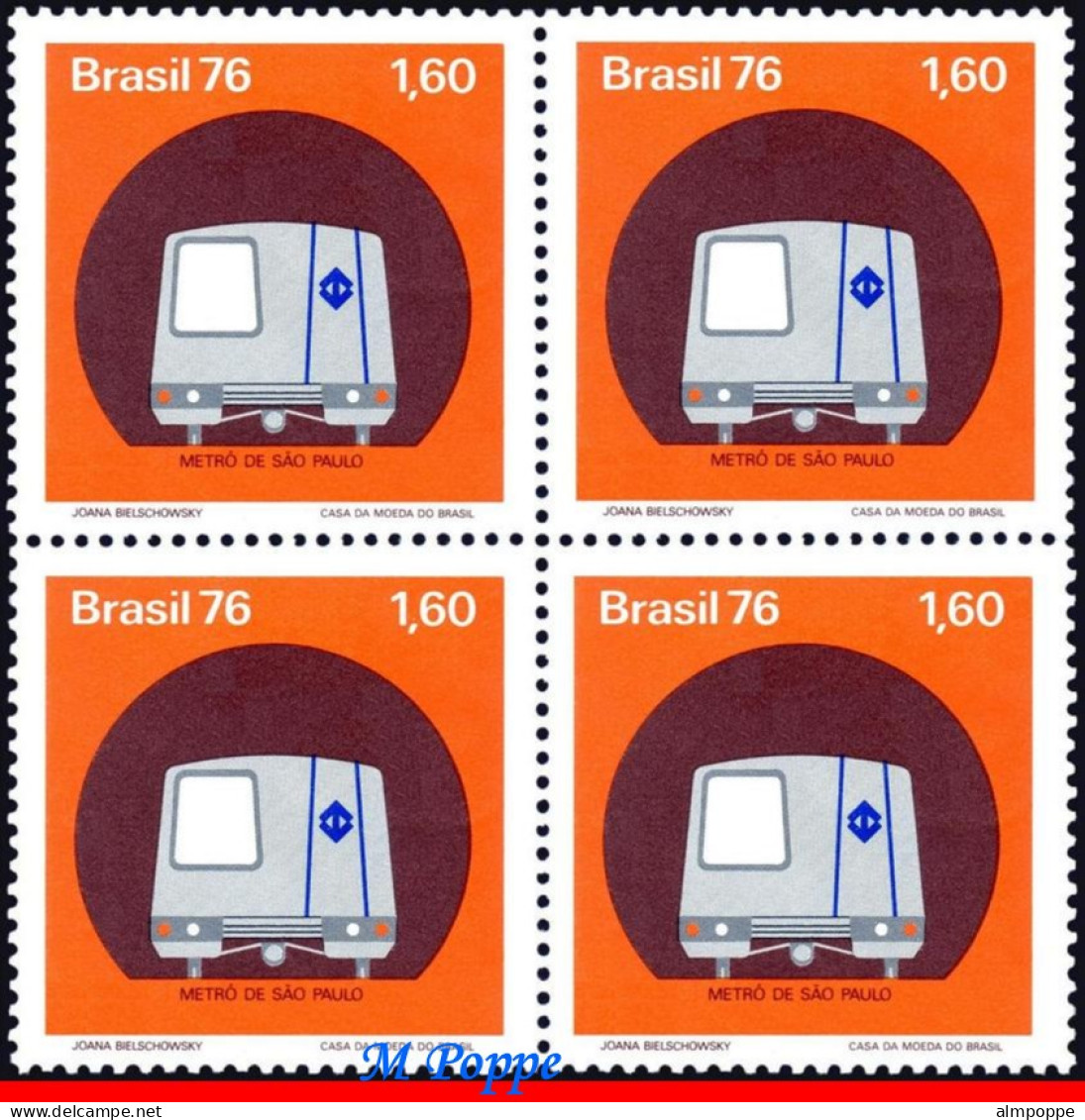 Ref. BR-1476-Q BRAZIL 1976 - SAO PAULO SUBWAY, TRAININ TUNNEL, MI# 1561, BLOCK MNH, RAILWAYS, TRAINS 4V Sc# 1476 - Blokken & Velletjes