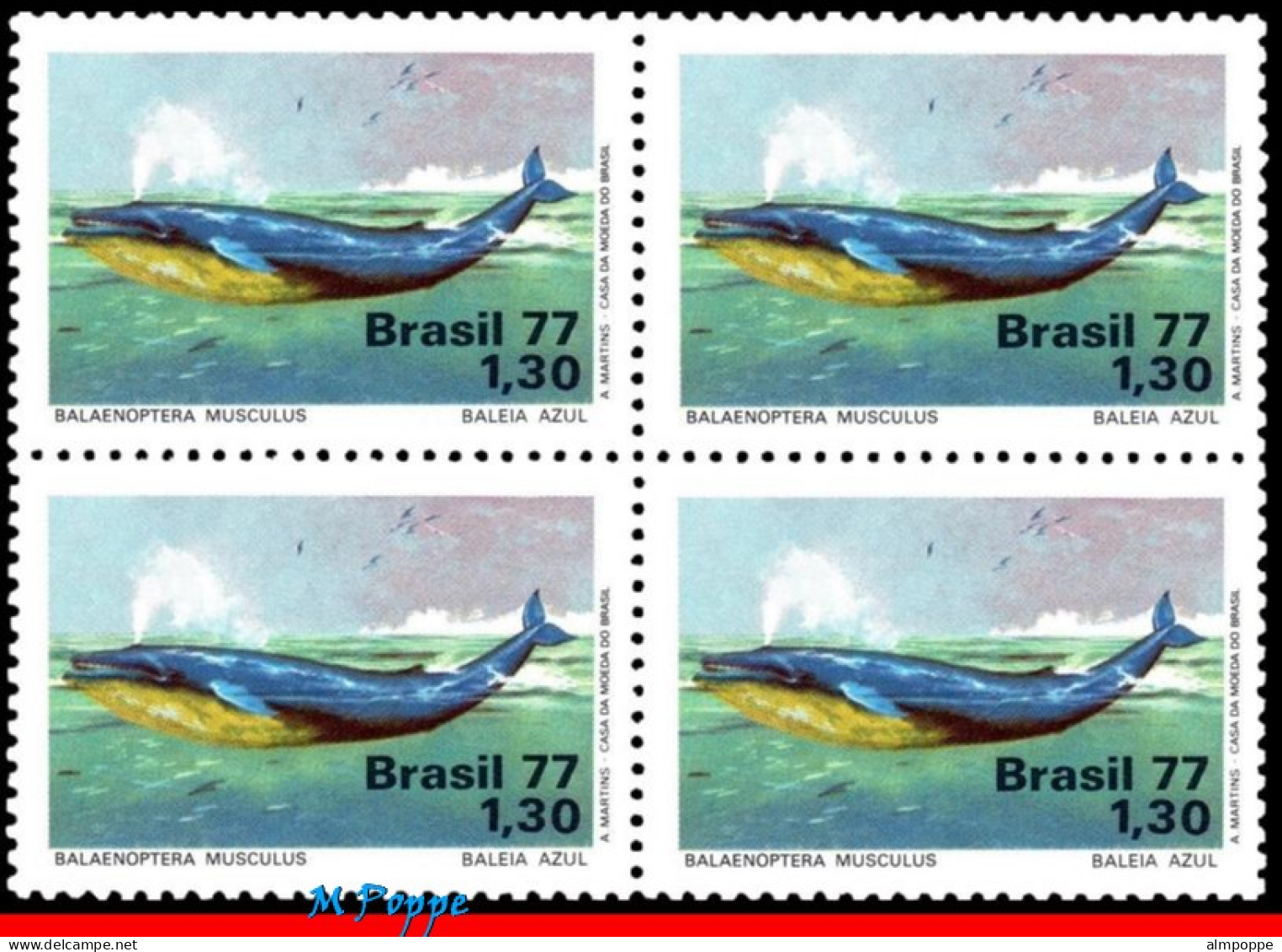 Ref. BR-1510-Q BRAZIL 1977 - BLUE WHALE, PROTECTION OFMARINE LIFE, MI# 1597, BLOCK MNH, SEA MAMMALS 4V Sc# 1510 - Blocks & Sheetlets